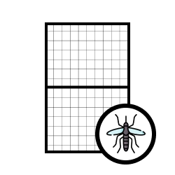 Illustration d'une moustiquaire verticale avec deux sections quadrillées, complétée par une icône de moustique, indiquant une protection efficace contre les insectes.