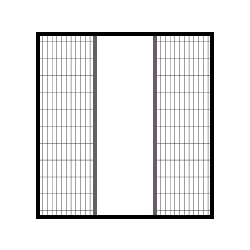 Illustration d'une moustiquaire plissée à deux panneaux avec une ouverture centrale, montrant un cadre noir et deux panneaux quadrillés à gauche et à droite.