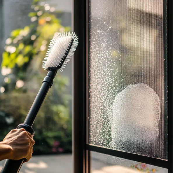 Une personne nettoie une moustiquaire à l'aide d'une brosse et de l'eau savonneuse, démontrant les étapes d'entretien pour prolonger la durée de vie des moustiquaires.