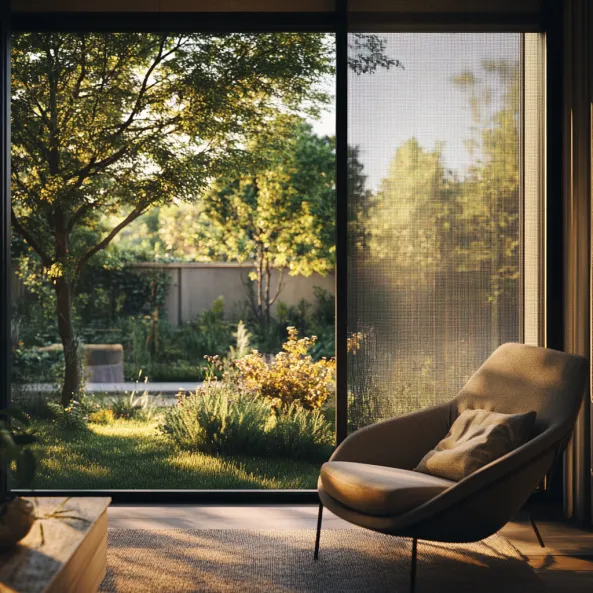 Un intérieur confortable avec une grande baie vitrée équipée d'une moustiquaire, offrant une vue sur un jardin verdoyant, illustrant le confort et la protection qu'apportent les moustiquaires bien choisies.