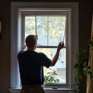 Un homme installe une moustiquaire sur une fenêtre, soulignant l'importance d'une installation correcte et d'un choix judicieux pour éviter les erreurs courantes.