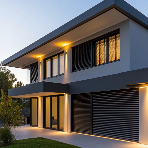 Une maison avec des volets roulants fermés, illustrant la protection renforcée et l'isolation thermique que ces volets offrent, tout en soulignant leur aspect moderne et fonctionnel.