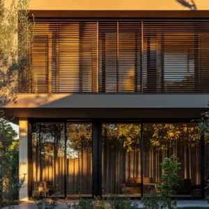 Façade d'une maison moderne équipée de brise-soleil orientables (BSO), reflétant la lumière dorée du coucher du soleil, illustrant l'élégance et l'efficacité des BSO pour le contrôle de la luminosité et de l'intimité.