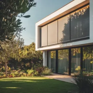 Une maison moderne équipée de volets roulants, entourée d'un jardin luxuriant, illustrant l'élégance, la sécurité et l'efficacité des volets roulants pour une habitation.