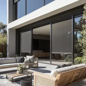 Terrasse moderne avec une maison équipée de screens ZIP (toile solaire) sur de grandes baies vitrées, offrant une protection solaire efficace tout en maintenant une esthétique élégante.