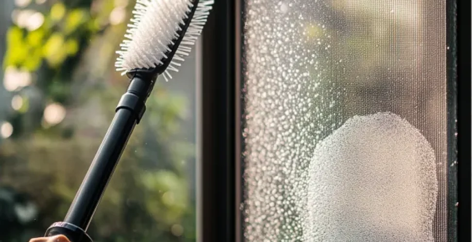 Une personne nettoie une moustiquaire à l'aide d'une brosse et de l'eau savonneuse, démontrant les étapes d'entretien pour prolonger la durée de vie des moustiquaires.