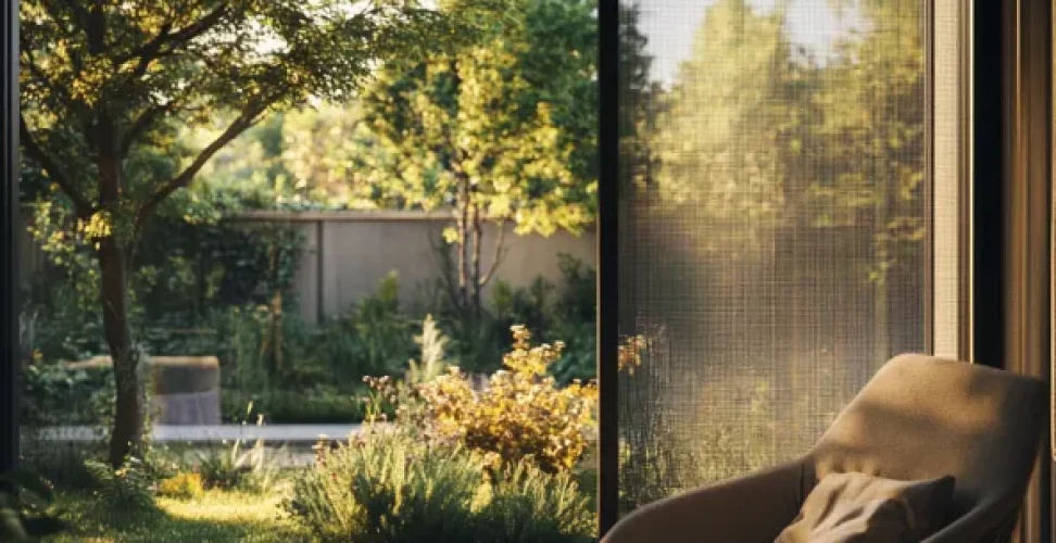 Un intérieur confortable avec une grande baie vitrée équipée d'une moustiquaire, offrant une vue sur un jardin verdoyant, illustrant le confort et la protection qu'apportent les moustiquaires bien choisies.