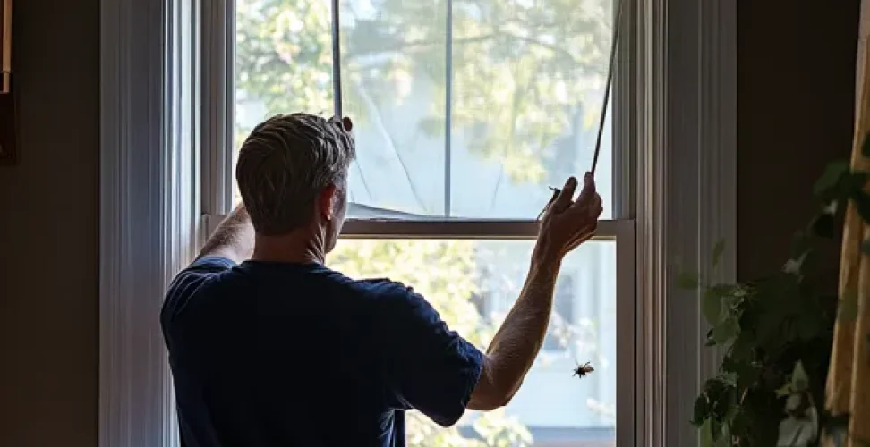 Un homme installe une moustiquaire sur une fenêtre, soulignant l'importance d'une installation correcte et d'un choix judicieux pour éviter les erreurs courantes.