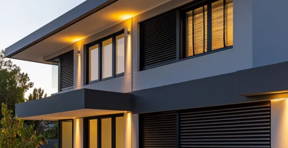 Une maison avec des volets roulants fermés, illustrant la protection renforcée et l'isolation thermique que ces volets offrent, tout en soulignant leur aspect moderne et fonctionnel.