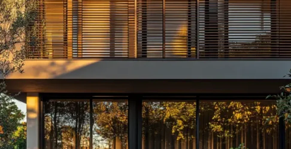 Façade d'une maison moderne équipée de brise-soleil orientables (BSO), reflétant la lumière dorée du coucher du soleil, illustrant l'élégance et l'efficacité des BSO pour le contrôle de la luminosité et de l'intimité.
