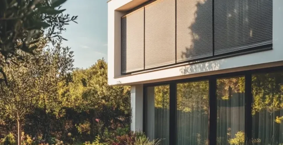 Une maison moderne équipée de volets roulants, entourée d'un jardin luxuriant, illustrant l'élégance, la sécurité et l'efficacité des volets roulants pour une habitation.