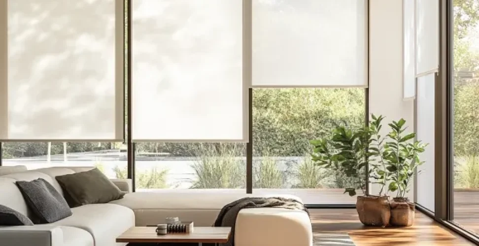 Un salon moderne et lumineux équipé de stores motorisés, mettant en valeur le confort et le contrôle de la lumière offerts par la motorisation Somfy pour les protections solaires.