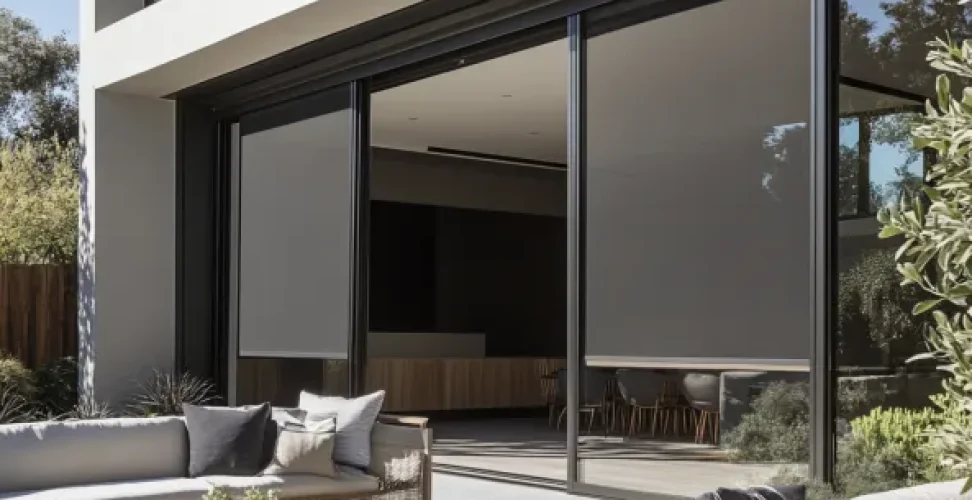 Terrasse moderne avec une maison équipée de screens ZIP (toile solaire) sur de grandes baies vitrées, offrant une protection solaire efficace tout en maintenant une esthétique élégante.